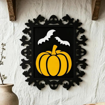 Halloween Pumpkin and Bat Decorative Hanging Retro Carved Frame Wall Decor