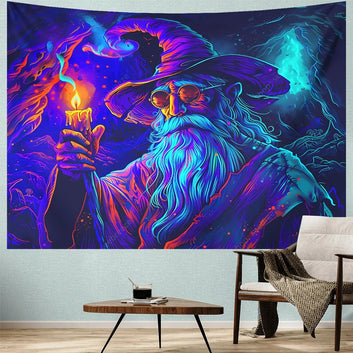 Halloween Wizard UV Reactive Tapestry for Witchcraft Hippie Wall Hanging