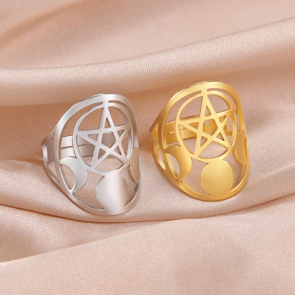 Pentagram Moon Ring Wicca Pagan Jewelry-MoonChildWorld