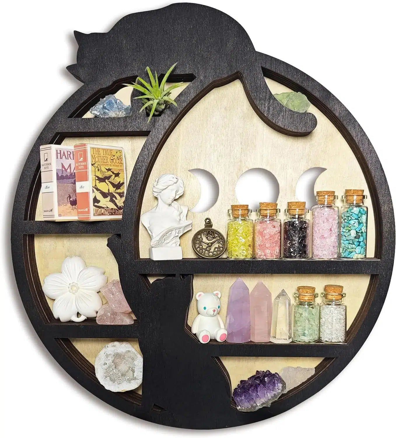 Witchy Display Stand Black Cat Moon Wooden Shelf-MoonChildWorld