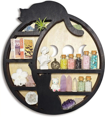 Witchy Display Stand Black Cat Moon Wooden Shelf