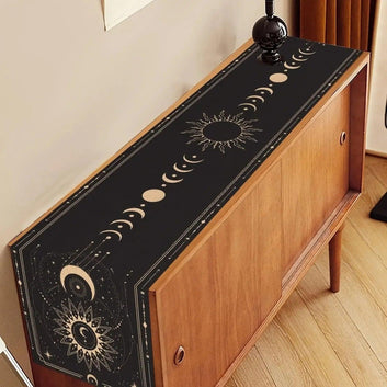 Black and Gold Moon Phase Table Runner for Wicca Table Decor