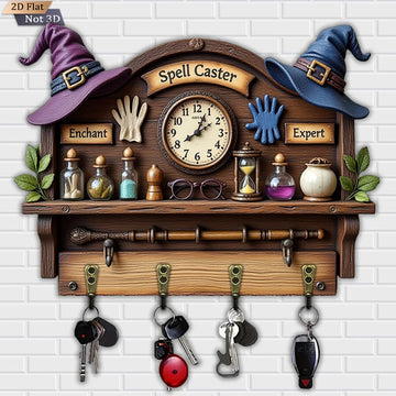 2D Magic Wizard Key Holder 4 Metal Hooks - Witch Wood Key Rack