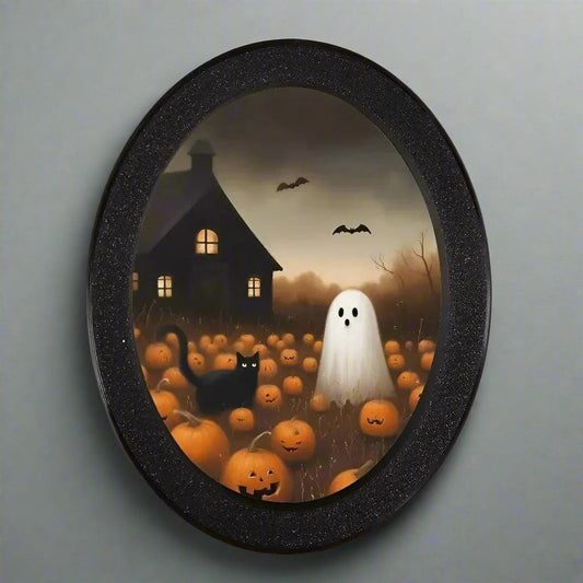 Pumpkin Ghost & Black Cat Wooden Oval Frame - Spooky Oval Wall Art - Halloween Wall Decoration