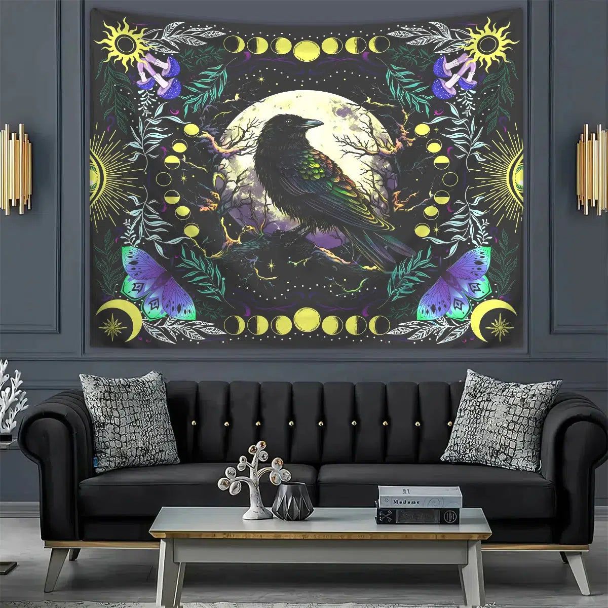 Gothic raven moon phase tapestry Mysterious moon crow tapestry-MoonChildWorld