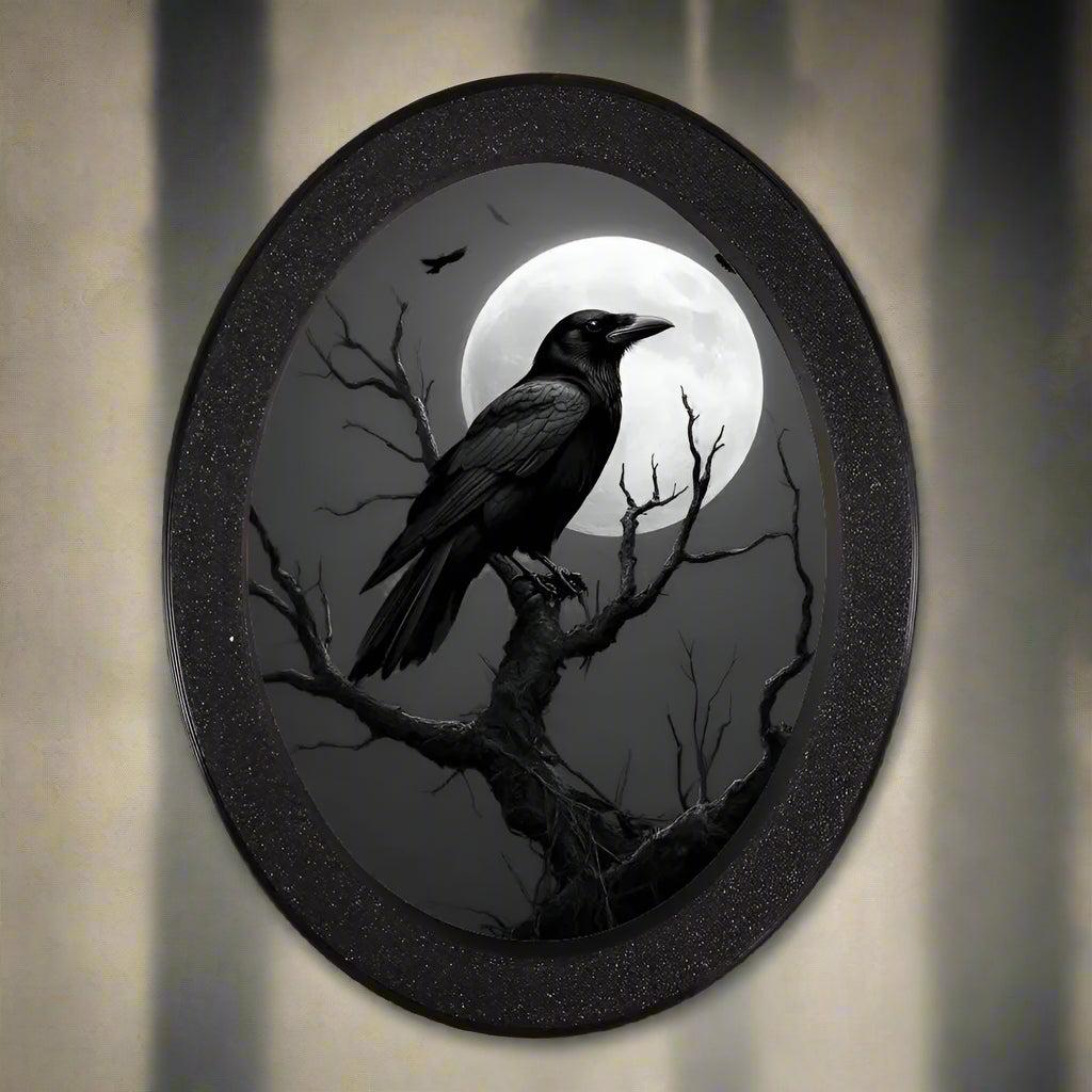 Vintage Gothic Crow Wall Art - Witchy Raven Gothic Wooden Oval Frame Halloween Wall Decoration-MoonChildWorld