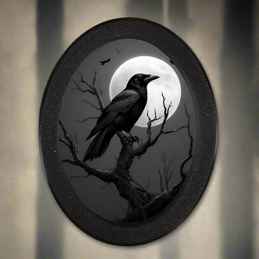 Vintage Gothic Crow Wall Art - Witchy Raven Gothic Wooden Oval Frame Halloween Wall Decoration