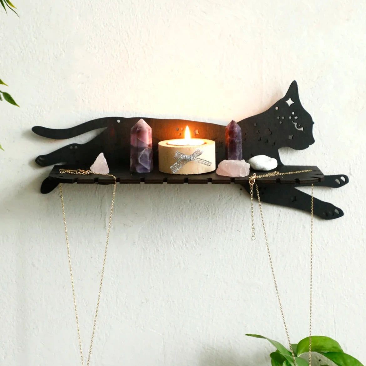 Black Cat Wooden Wall Shelf Gothic Crystal Display Shelf Witchy Room Decoration-MoonChildWorld