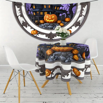 Pumpkin and Gothic Castle Spooky Tablecloth for Witchy Halloween Home Decor