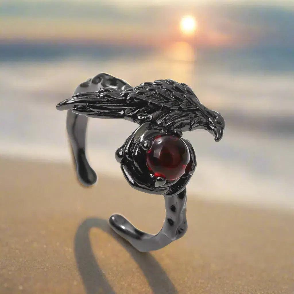 Red Crystal Witchy Black Raven Ring Gothic Crow Ring Witch Jewelry-MoonChildWorld