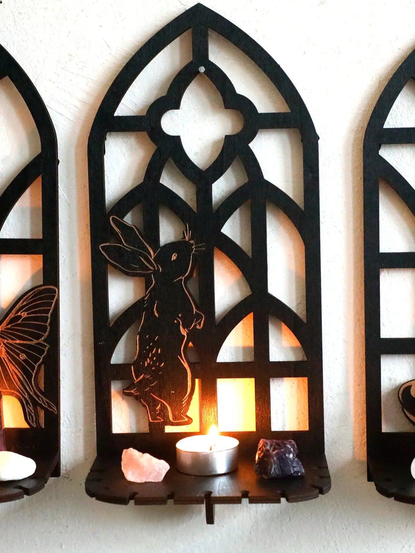 Wicca Wooden Wall Shelves Gothic Crystal Shelves with Tea Light Candle Holders Spiritual Home Decor-MoonChildWorld