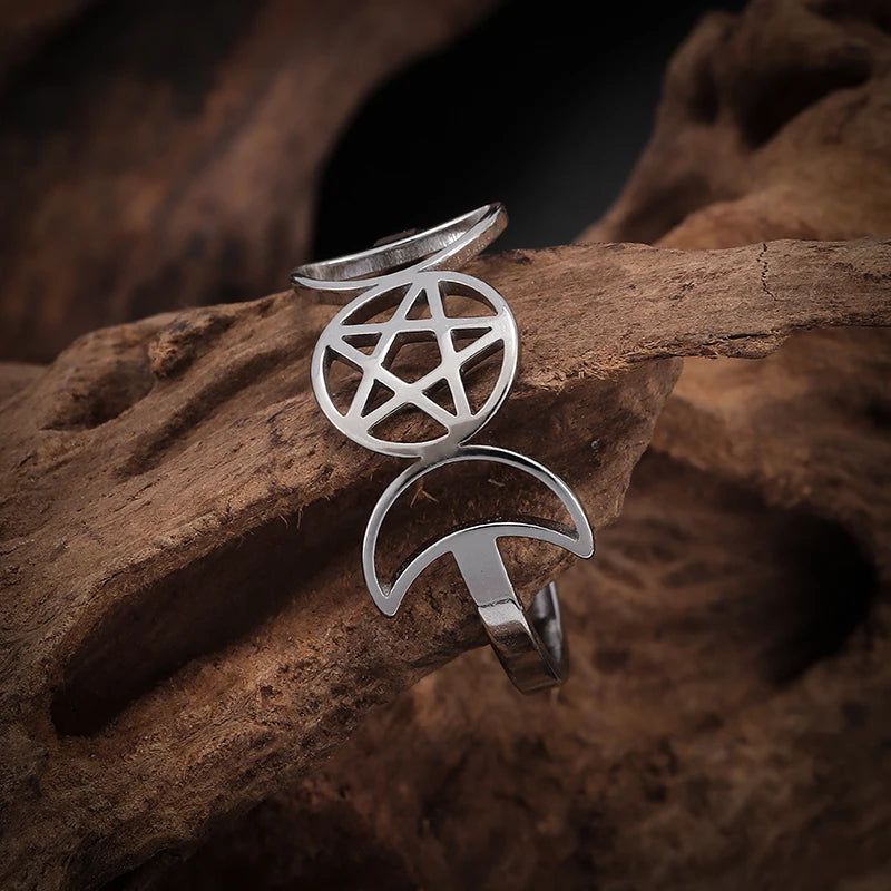 Triple Moon Goddess Ring Wiccan Pentacle Ring-MoonChildWorld