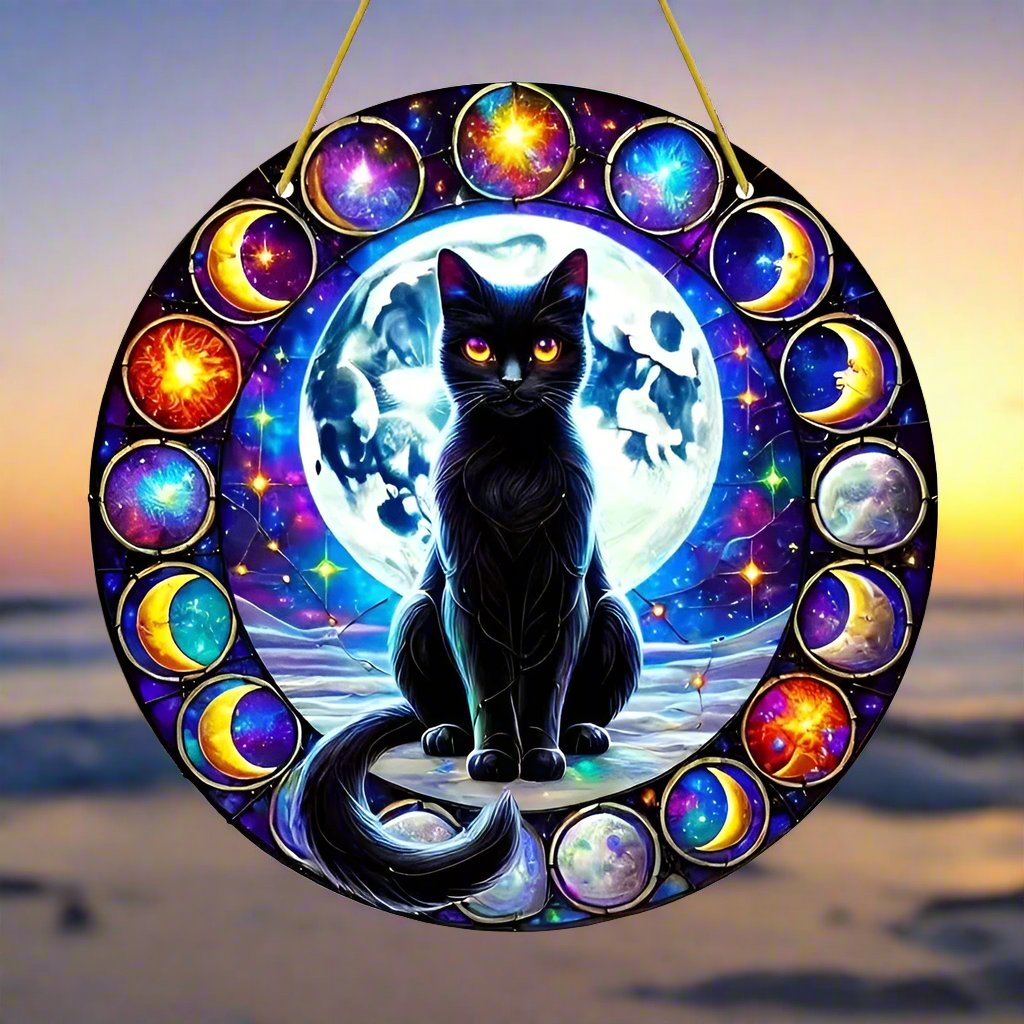 Mystery Black Cat Suncatcher Moon Phases Cat Window Hanging-MoonChildWorld