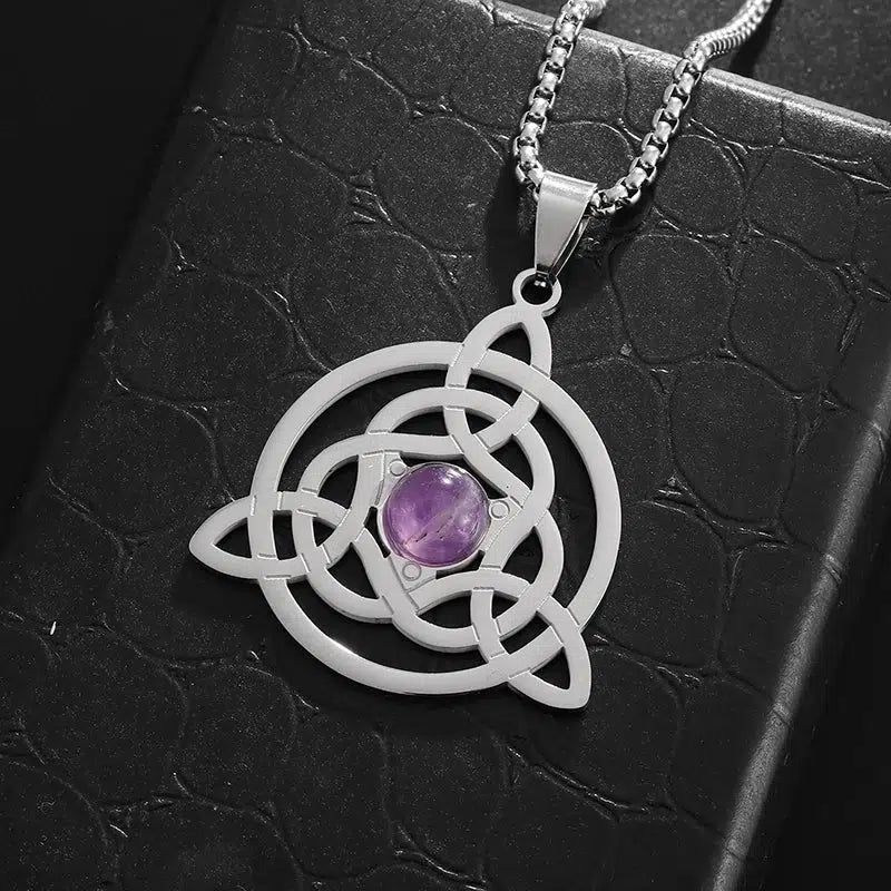 Amethyst Stone Irish Celtic Trinity Knot Necklace Witchcraft Pagan Jewelry-MoonChildWorld