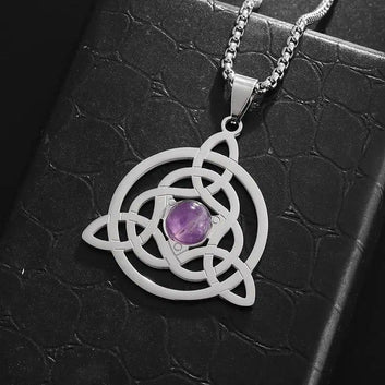 Amethyst Stone Irish Celtic Trinity Knot Necklace Witchcraft Pagan Jewelry
