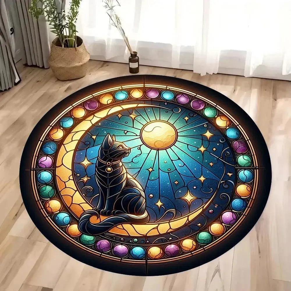 Moon and Black Cat Round Rug Gothic Witchy Cat Round Carpet for Christmas-MoonChildWorld