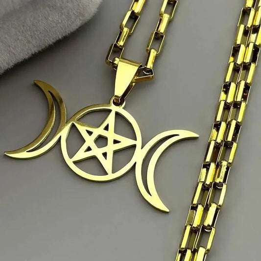 Witchcraft Triple Moon Pentagram Necklace Wicca Jewelry