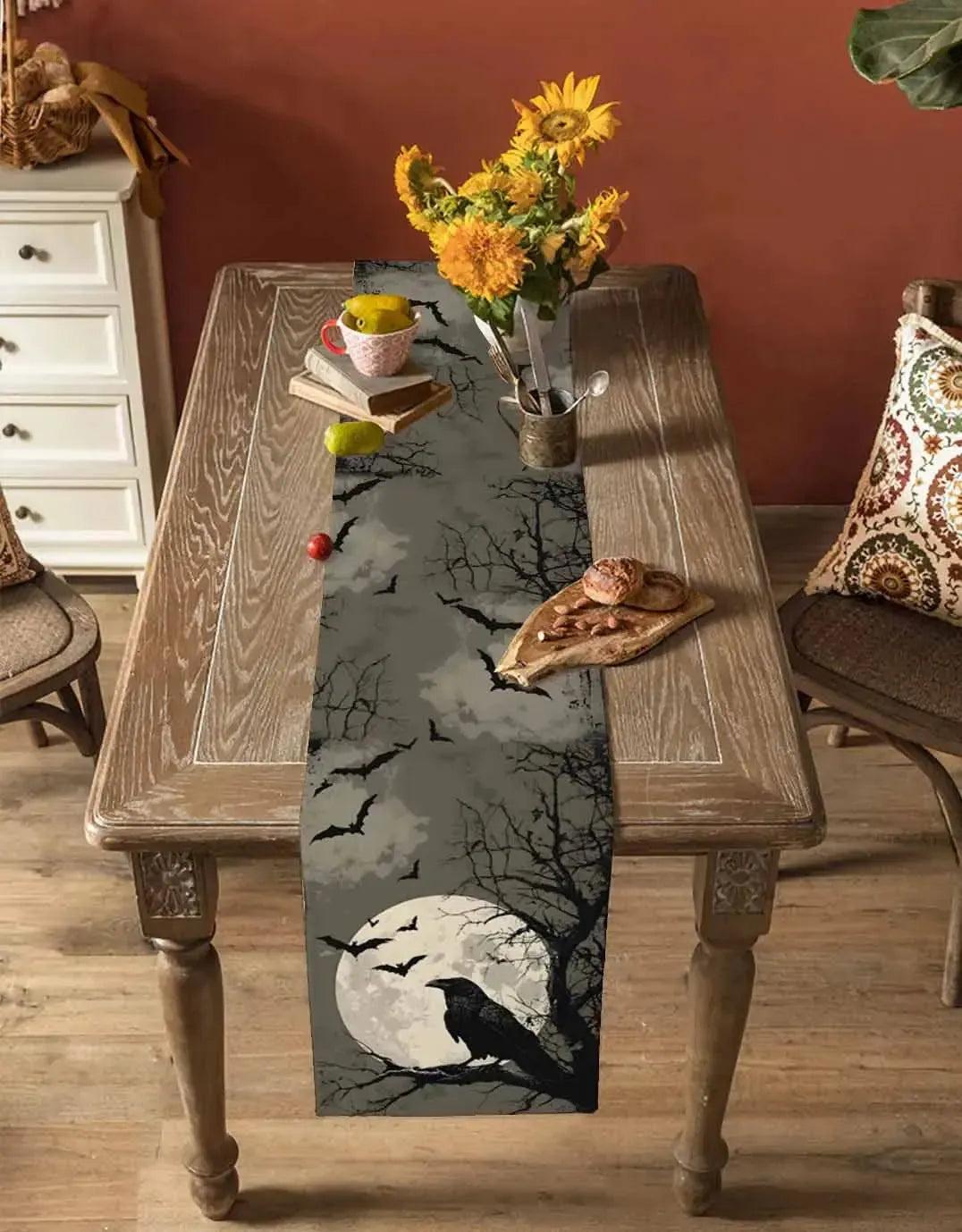 Full Moon and Gothic Crow Table Runner for Halloween Table Decor - Witchy Raven Table Runner-MoonChildWorld