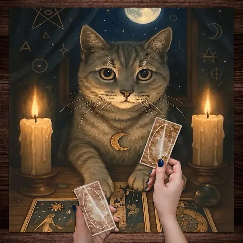 Moonlit Divination Tablecloth Witchy Cat Tarot Tablecloth Wicca Altar Cloth-MoonChildWorld