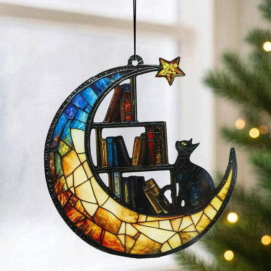 Acrylic Suncatcher Crescent Moon Black Cat Window Hanging Ornament for Christmas