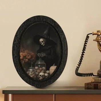 Skeleton Wizard Wooden Oval Frame - Gothic Oval Wall Art - Spooky Halloween Wall Decoration