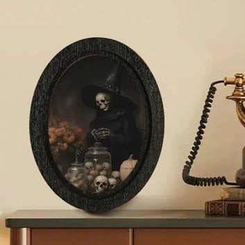 Skeleton Wizard Wooden Oval Frame - Gothic Oval Wall Art - Spooky Halloween Wall Decoration