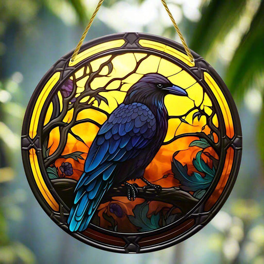 Dark Crow Suncatcher Gothic Raven Acrylic Round Sign