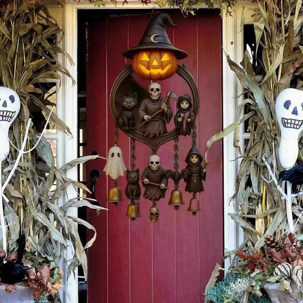 Gothic Halloween Wind Chime Spooky Bell with Pumpkin Lantern Grim Reaper Ghost Black Cat for Home Porch Decoration-MoonChildWorld