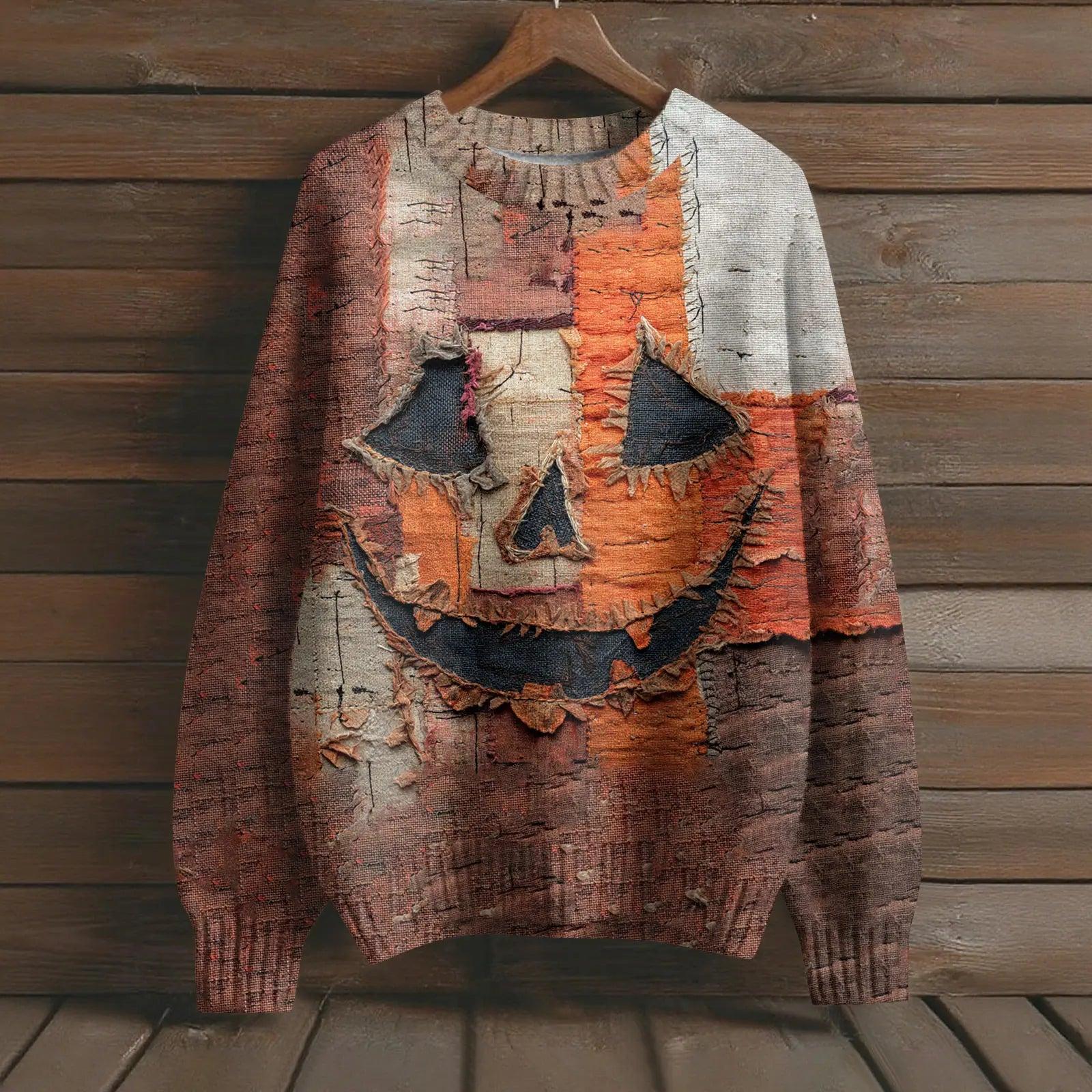 Creepy Pumpkin Long Sleeve Pullover Sweater - Gothic Witch Halloween Sweater-MoonChildWorld