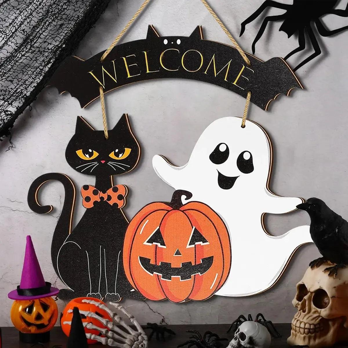 Halloween Hanging Decoration - Ghost, Pumpkin, Black Cat Welcome Sign - Witchy Wooden Sign for Gothic Home Decor-MoonChildWorld