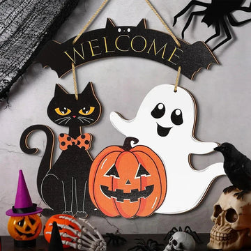 Halloween Hanging Decoration - Ghost, Pumpkin, Black Cat Welcome Sign - Witchy Wooden Sign for Gothic Home Decor-MoonChildWorld
