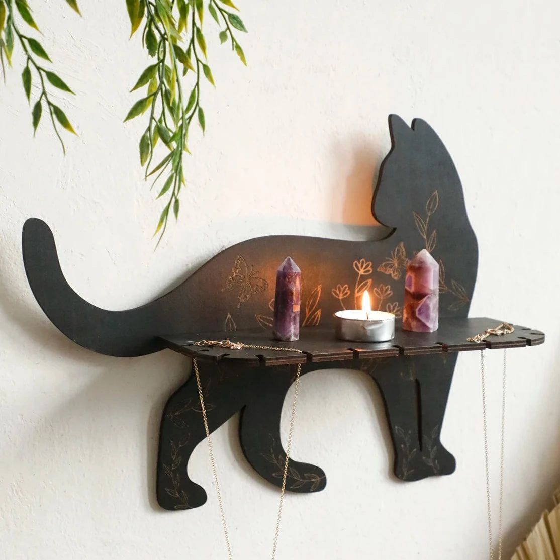 Flower Black cat Crystal Shelf Display Witchy Home Decorations Black Cat Wooden Wall Shelf-MoonChildWorld