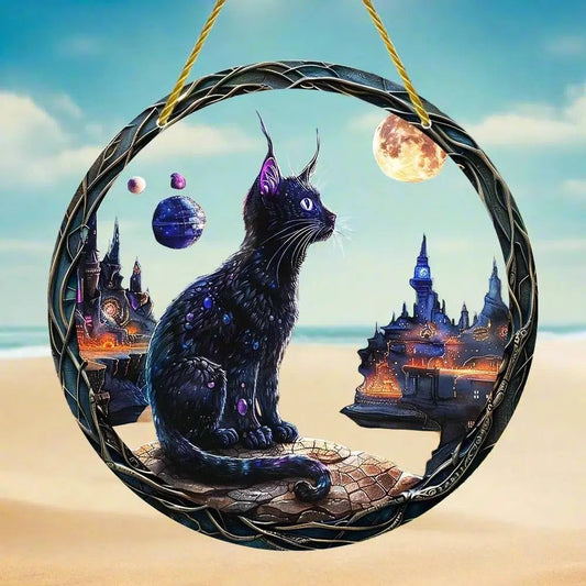 Moon Cat Suncatcher Black Cat Acrylic Round Sign Witchy Window Hanging Decor