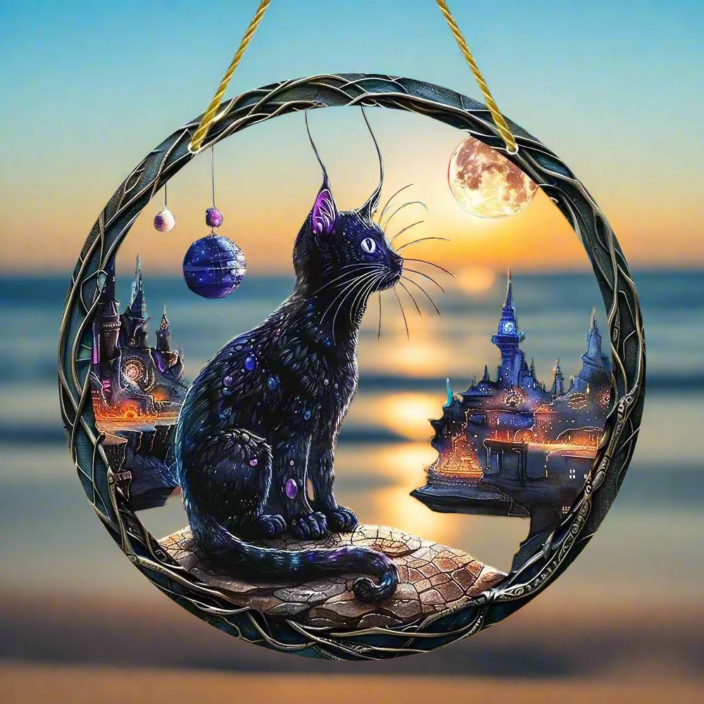 Moon Cat Suncatcher Black Cat Acrylic Round Sign Witchy Window Hanging Decor-MoonChildWorld