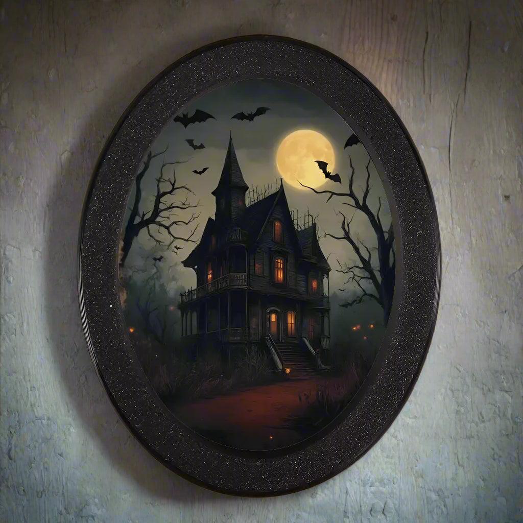 Moon Bats & Haunted House Witch Wooden Oval Frame - Gothic Oval Wall Art - Halloween Wall Decoration-MoonChildWorld