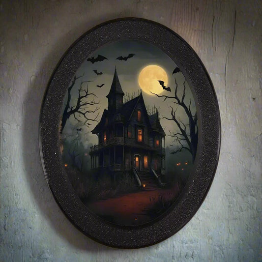 Moon Bats & Haunted House Witch Wooden Oval Frame - Gothic Oval Wall Art - Halloween Wall Decoration