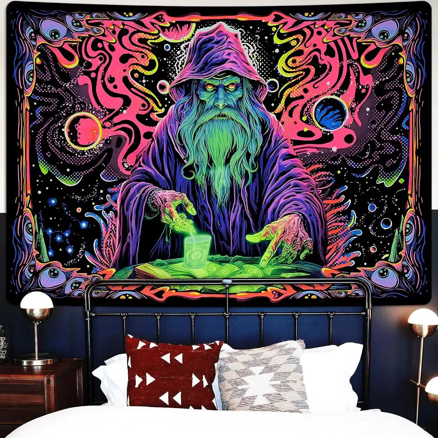 Blacklight Tapestry Wizard Tapestry UV Reactive Neon Tapestry-MoonChildWorld