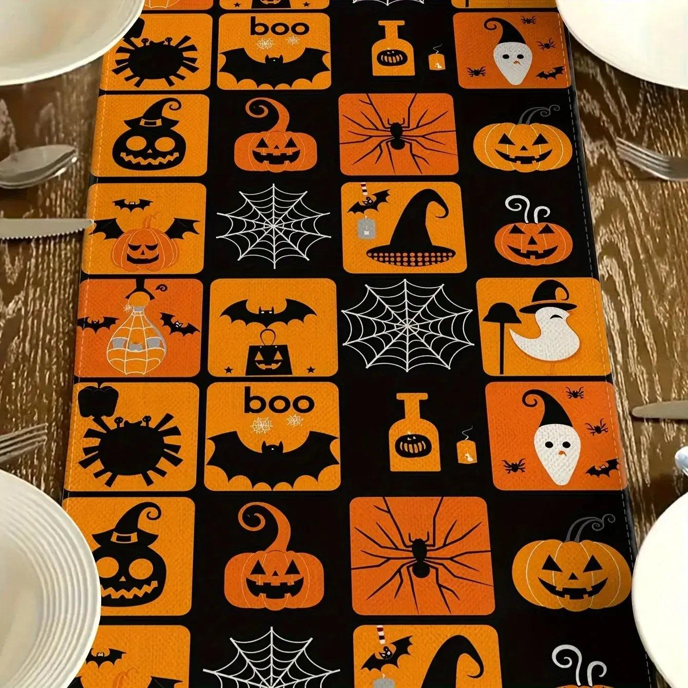 Halloween Spooky Pumpkin Grid Linen Table Runner - Gothic Witch Table Runner Halloween Decorations-MoonChildWorld