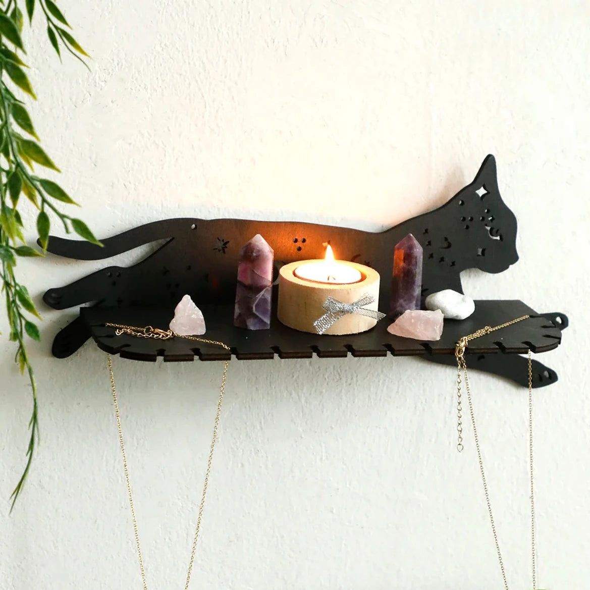 Black Cat Wooden Wall Shelf Gothic Crystal Display Shelf Witchy Room Decoration-MoonChildWorld