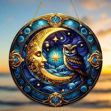 Owl Moon Suncatcher Celestial Acrylic Round Sign Aesthetic Home Decor-MoonChildWorld