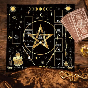 Golden Pentacle and Moon Phases Altar Cloth Wicca Tarot Tablecloth Pagan Altar Supplies