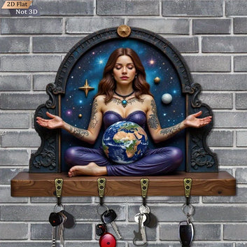 2D Earth Mother Key Holder 4 Metal Hooks - Gaia Goddess Pagan Wood Key Rack