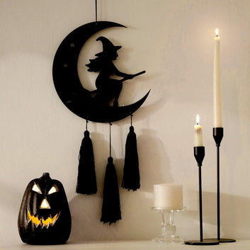 Halloween Witch Wall Hanging - Black Crescent Moon & Witch Design with Tassel Wall Decor
