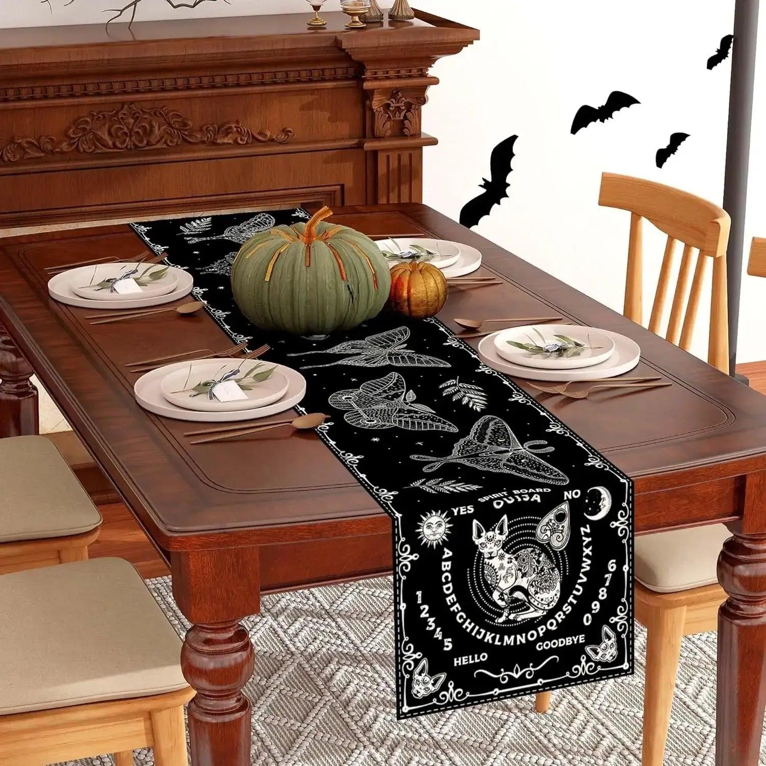 Halloween Witch Ouija Boards Linen Table Runner - Witchy Moth Magic Black Cat Table Runner Gothic Home Decor-MoonChildWorld