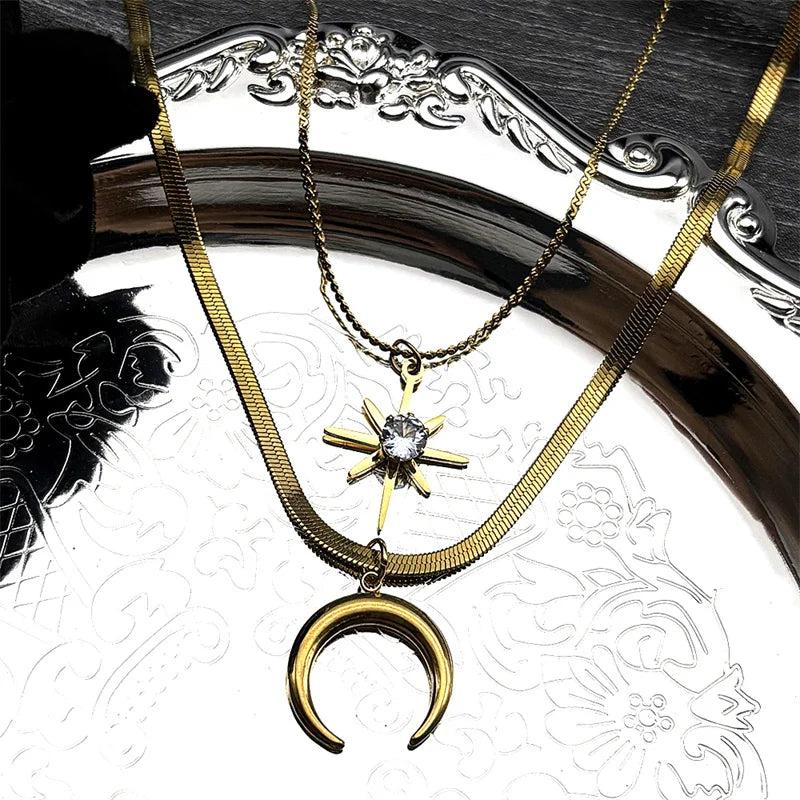 Witchcraft Crescent Moon Rhinestone Star Double-layer Choker Necklace-MoonChildWorld