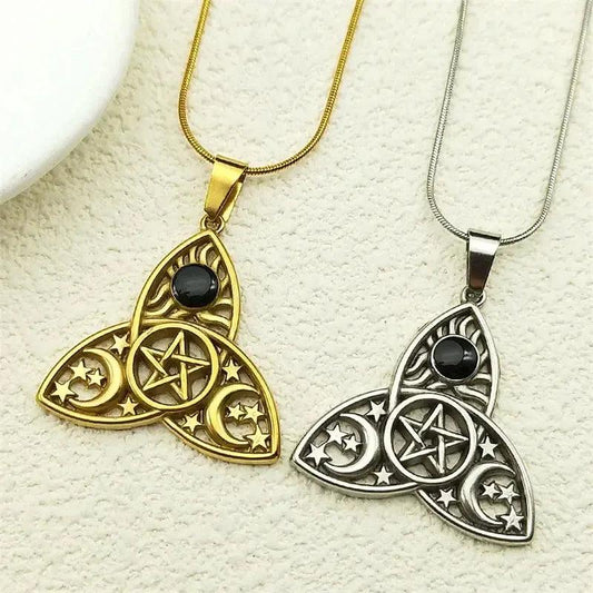 Witch Triquetra Trinity Celtic Knot Necklace Pentagram Triple Moon Goddess Necklace Wicca Jewelry