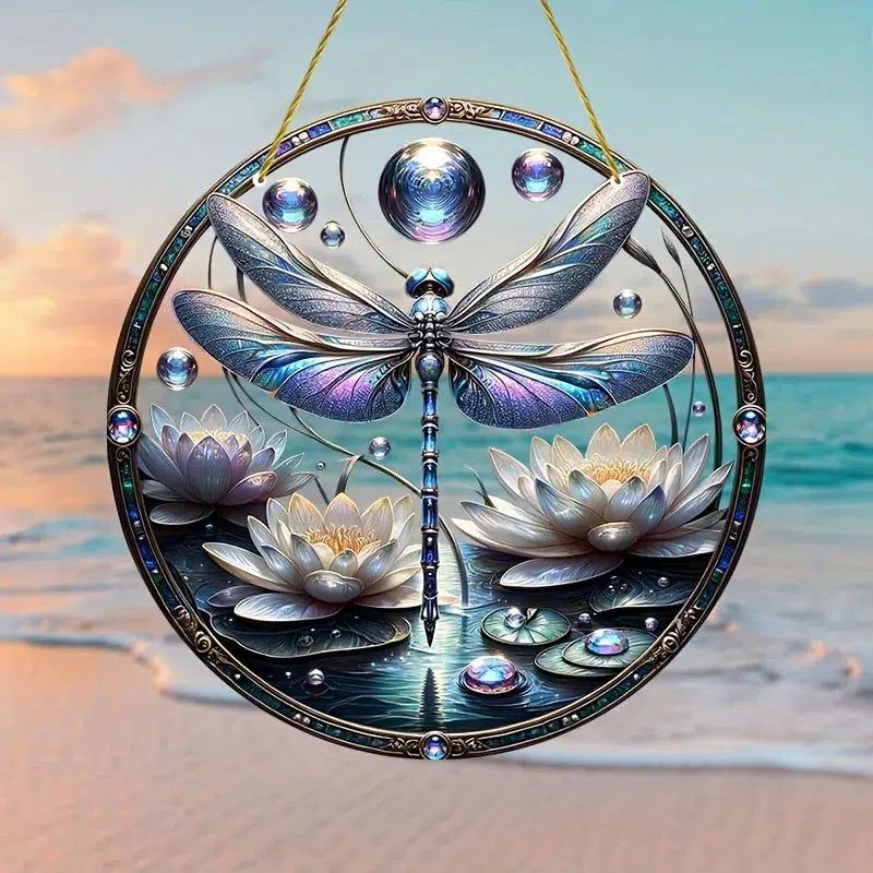 Dragonfly Lotus Window Hanging Dragonfly Suncatcher-MoonChildWorld