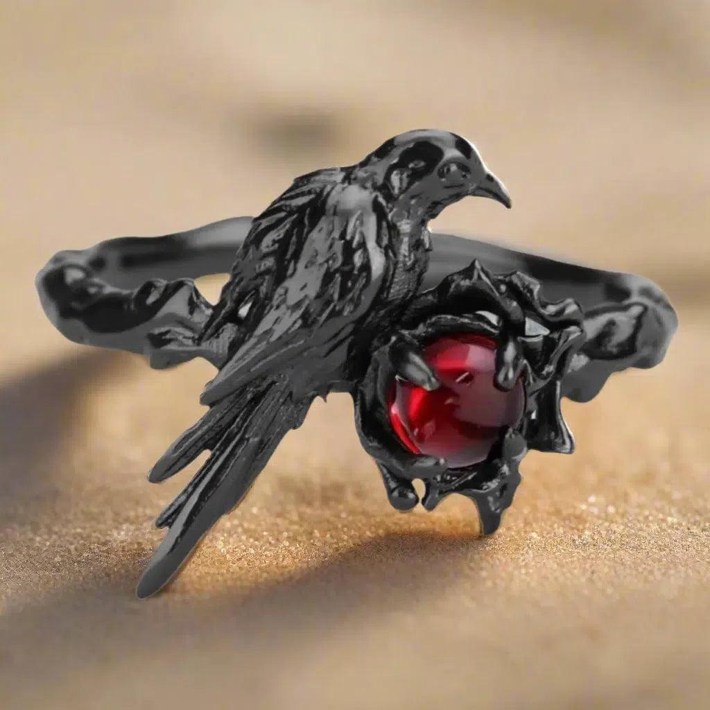 Red Crystal Witchy Black Raven Ring Gothic Crow Ring Witch Jewelry-MoonChildWorld