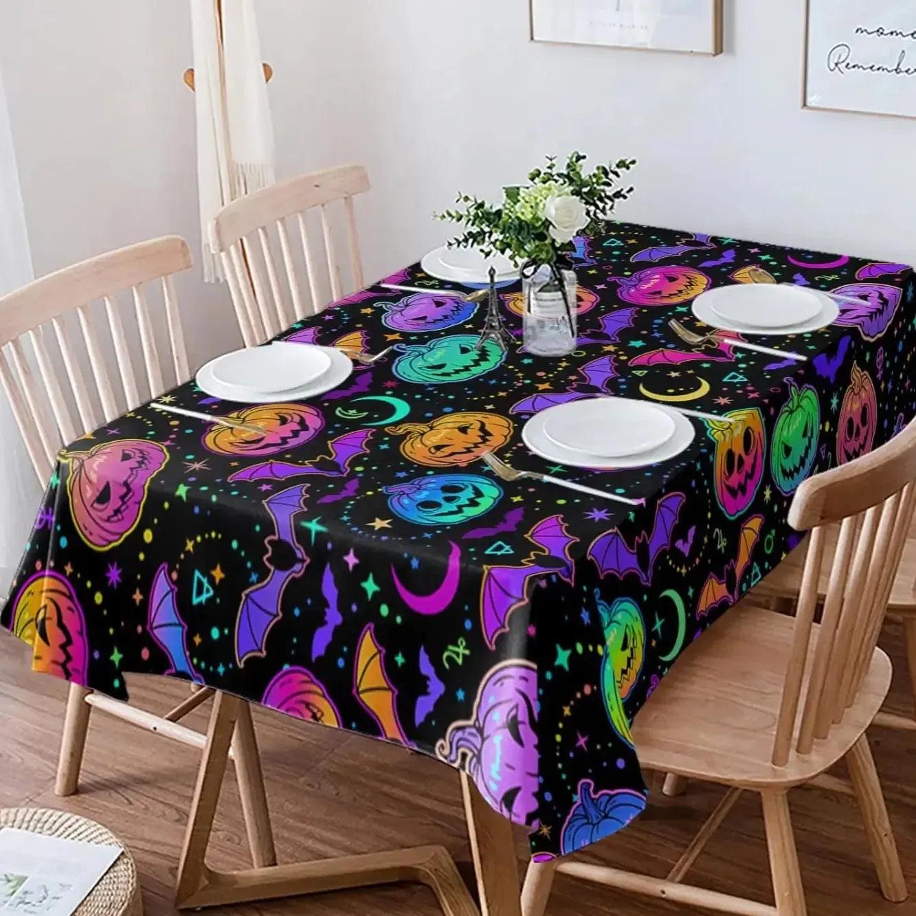 Colorful Rainbow Bat Pumpkin Halloween Tablecloth Witchy Table Decor-MoonChildWorld