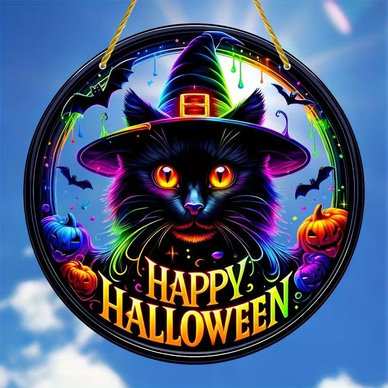 Black Cat Suncatcher Halloween Acrylic Round Sign-MoonChildWorld